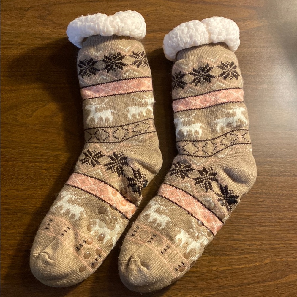 Cozy Tan and Pink Knit Socks with Reindeer Pattern